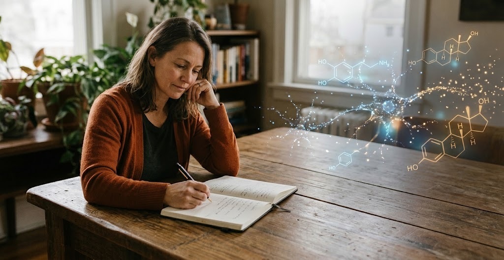 Midlife woman trying to focus while writing